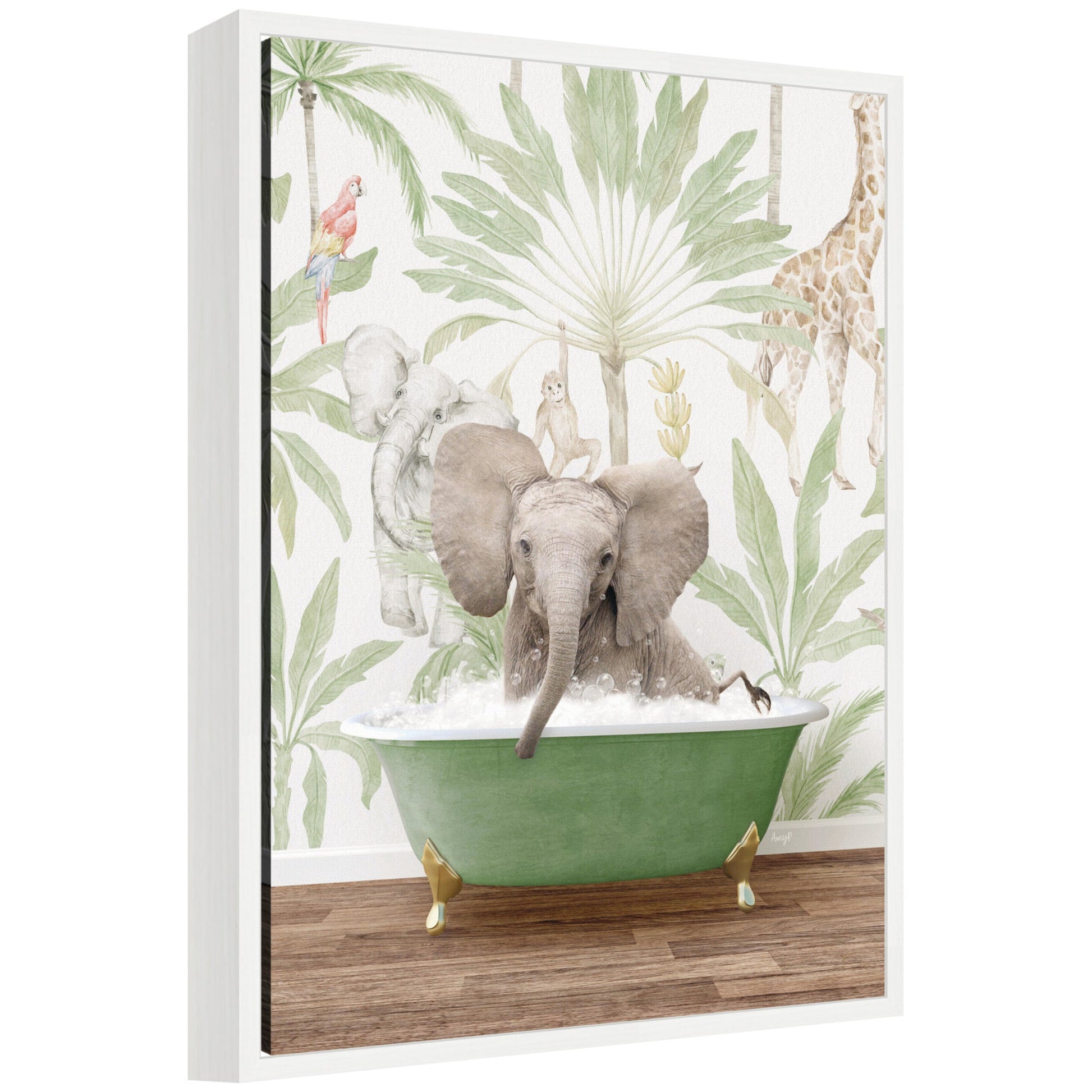 Baby elephant in a safari bathtub framed canvas wall art