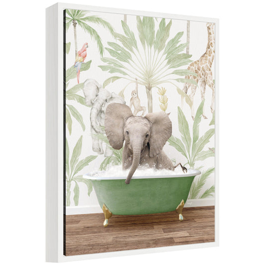 Baby elephant in a safari bathtub framed canvas wall art