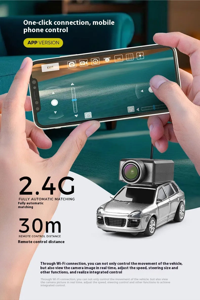 Person holding a smartphone with app interface, controlling a toy car with camera on a white background.