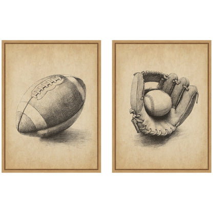 Vintage Football and Baseball 2 Piece Framed Canvas Set