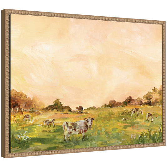 Cows grazing at sunset framed canvas wall art in a rustic natural frame