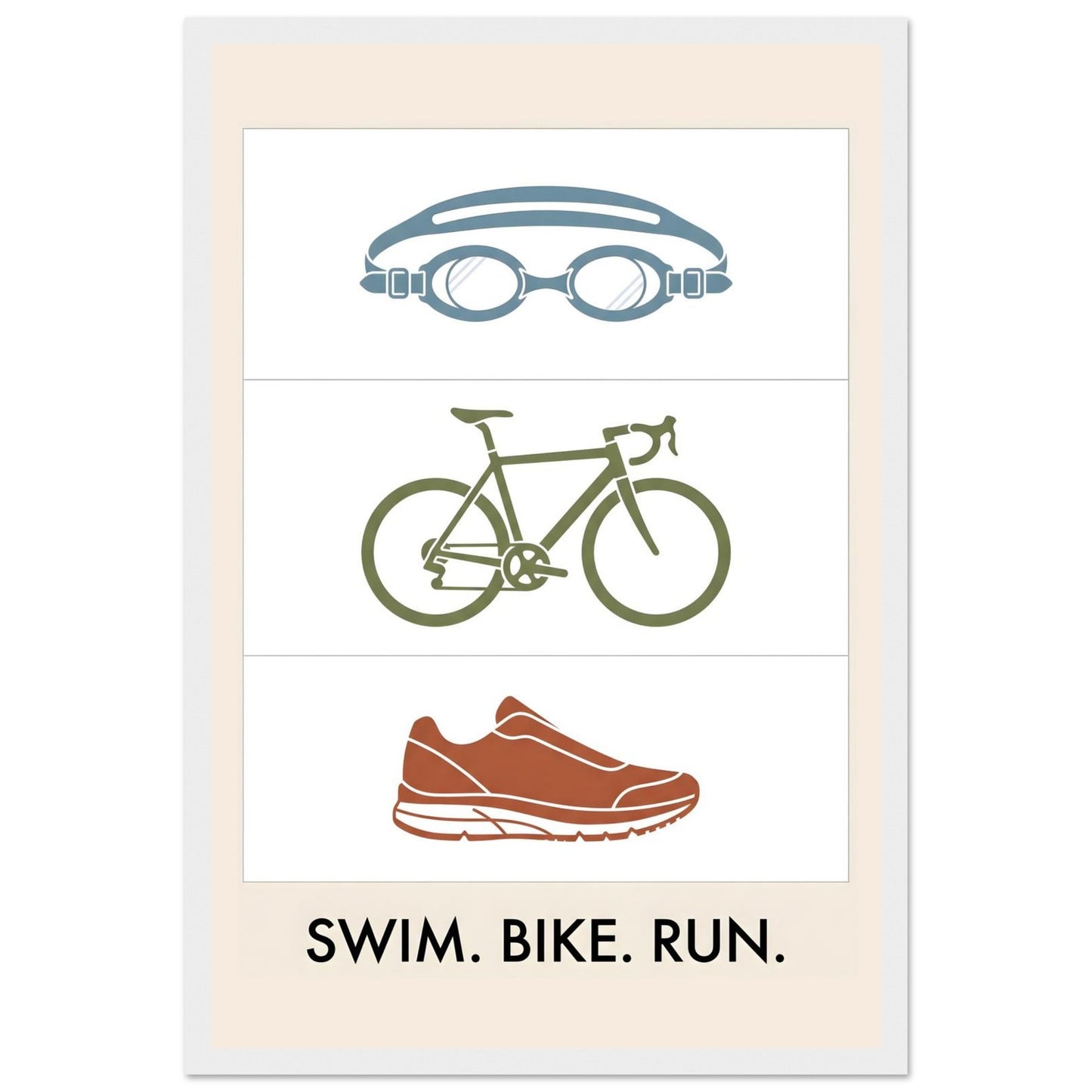 Swim Bike Run Poster: Minimalist Triathlon Icons Wall Art - 30x45 cm / 12x18″ - White frame / Ready-to-hang - Sparkycare