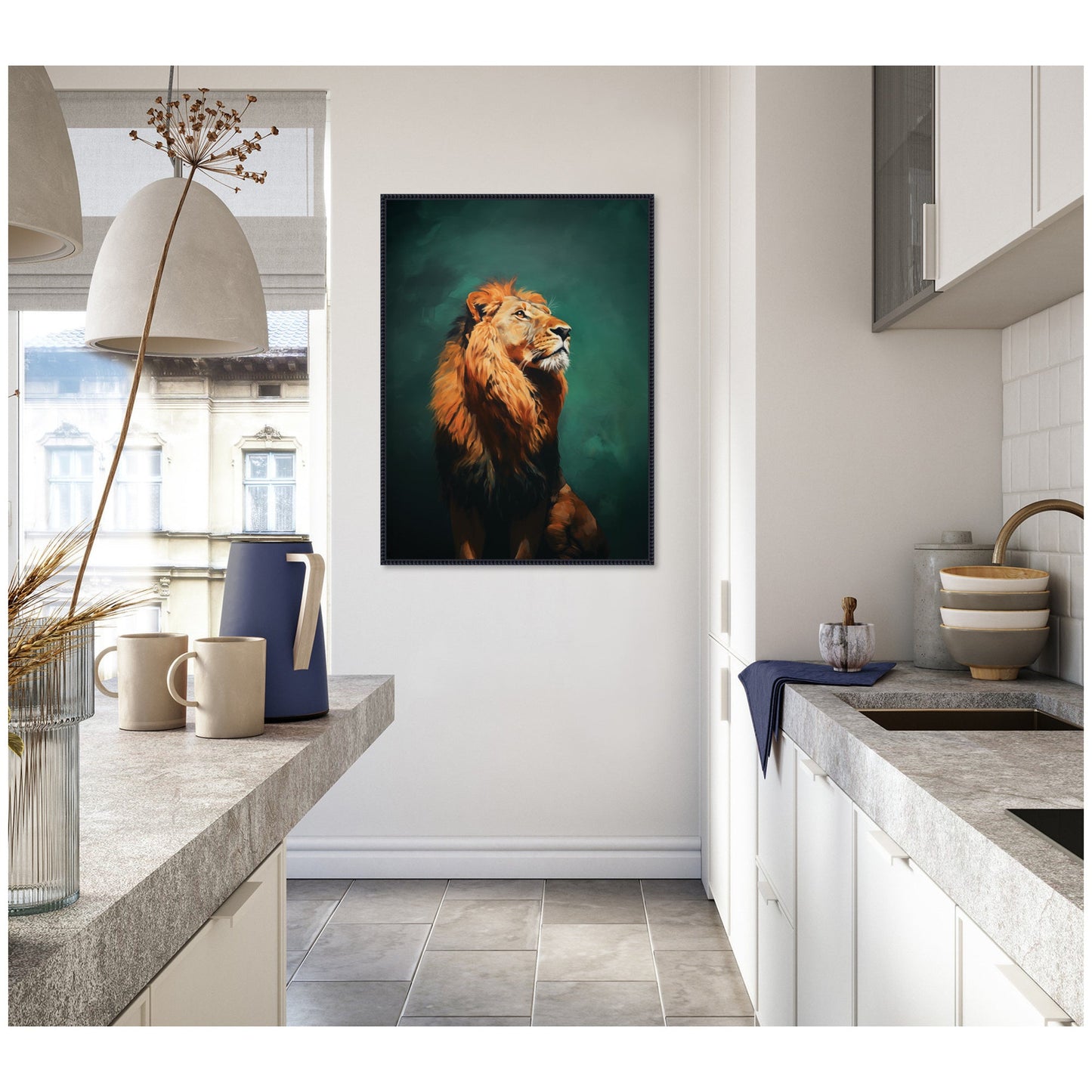 Turquoise Jade Lion Framed Canvas Wall Art
