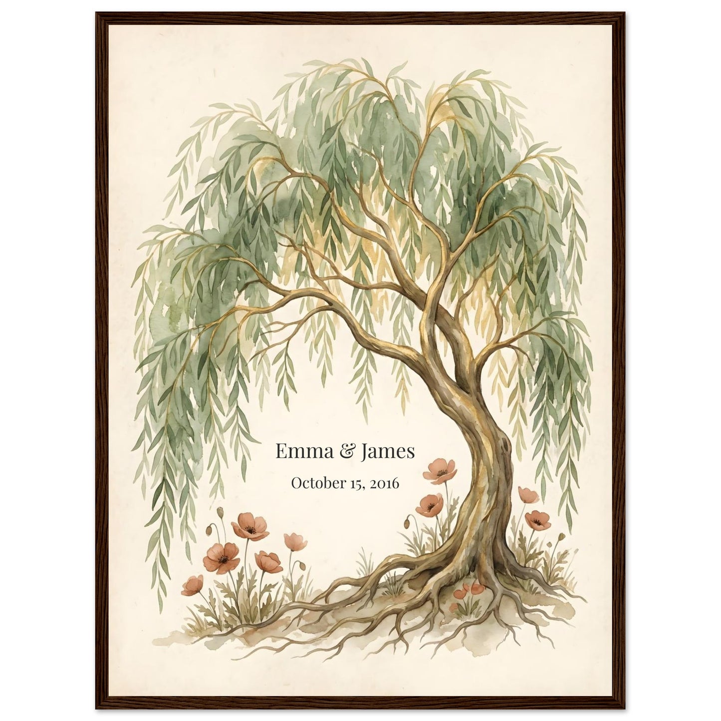 Personalized Willow Tree 9th Anniversary Wall Art - 45x60 cm / 18x24″ - Dark wood frame / Ready-to-hang - Sparkycare