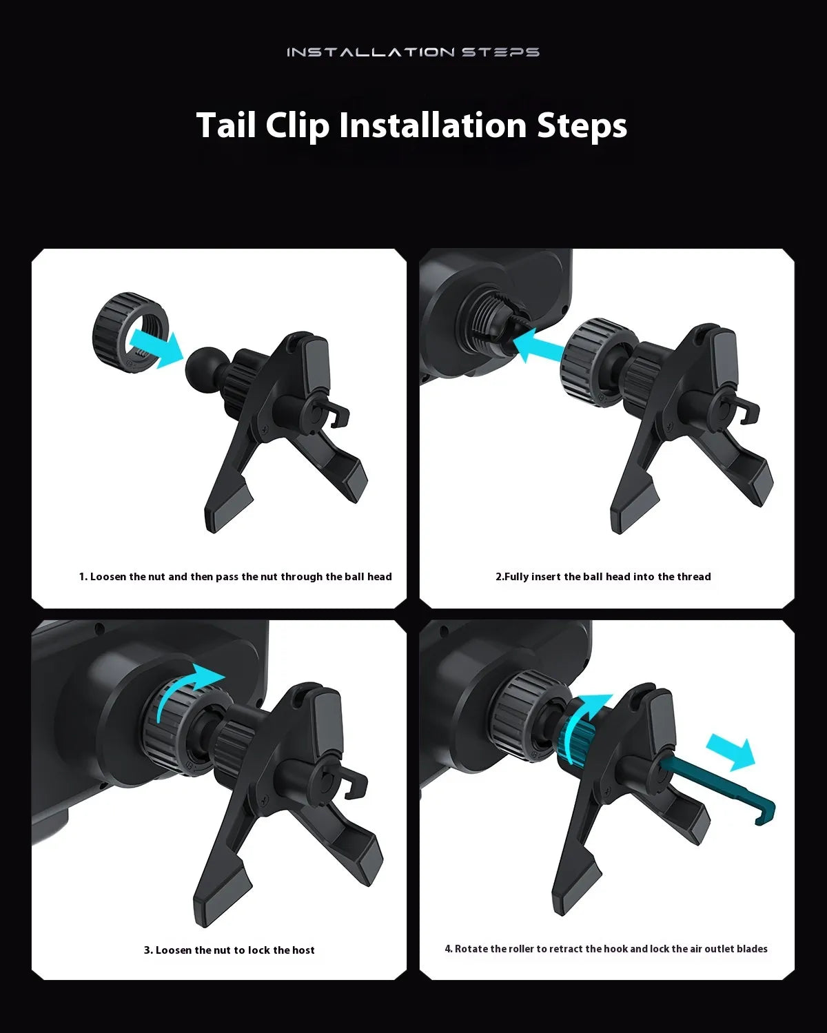 Auto-clamping car phone mount with tri-leg vent clip close up