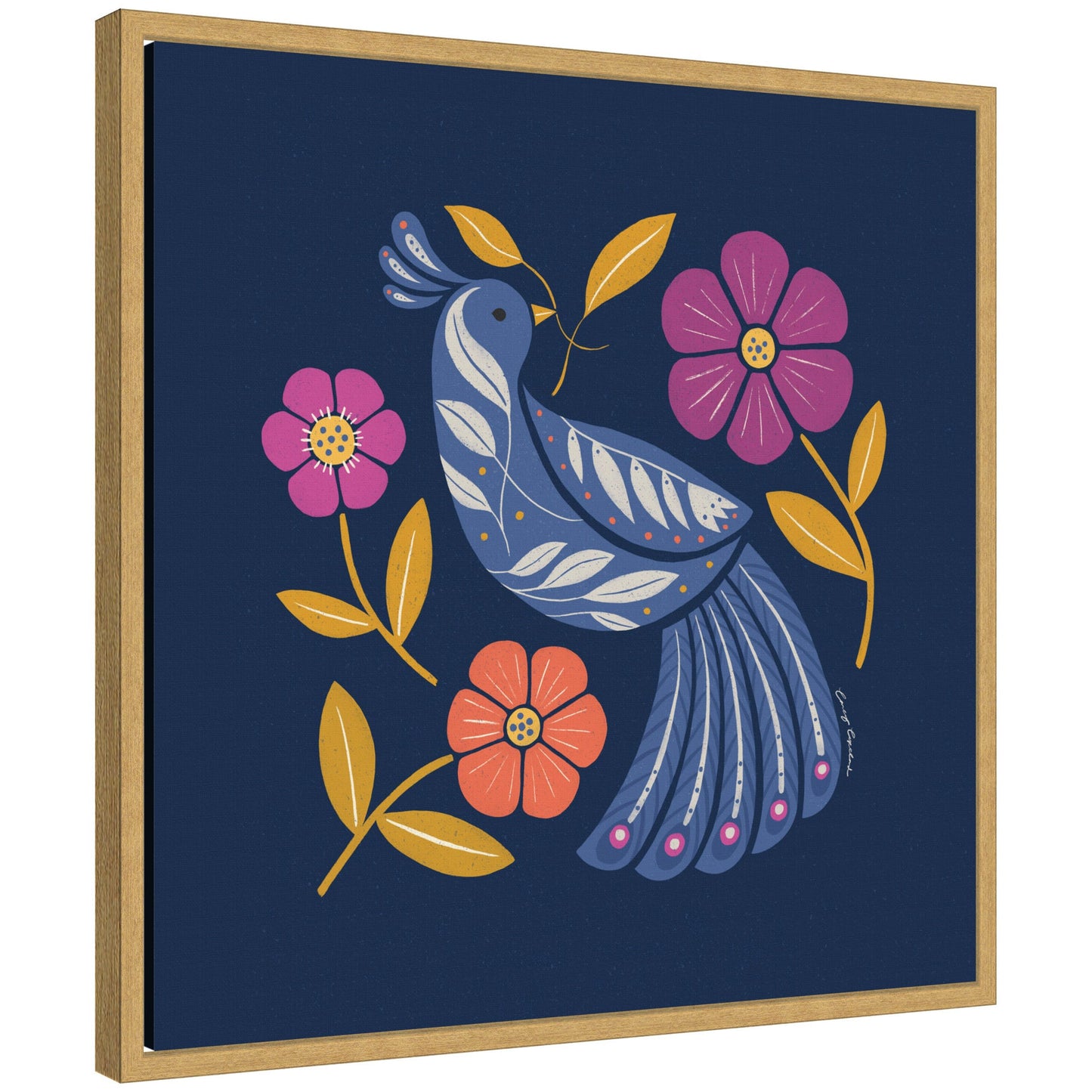Boho folk art bird in blue and gold framed canvas wall art