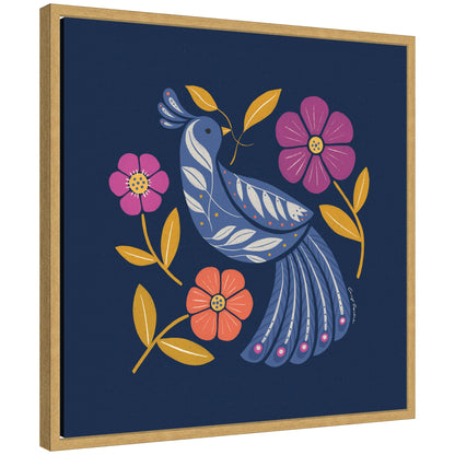 Boho folk art bird in blue and gold framed canvas wall art