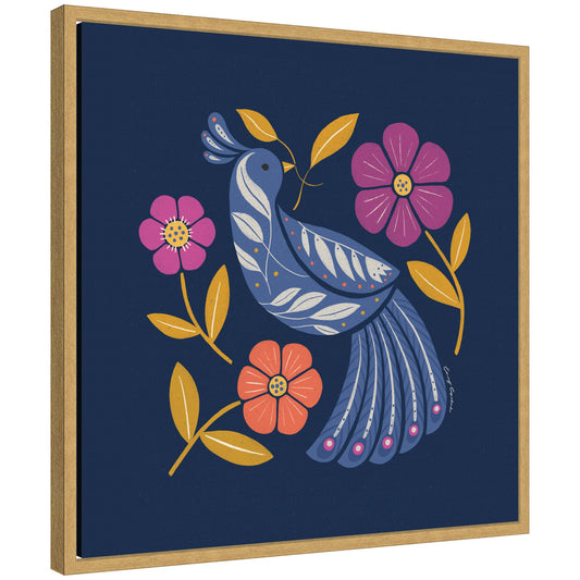 Boho folk art bird in blue and gold framed canvas wall art