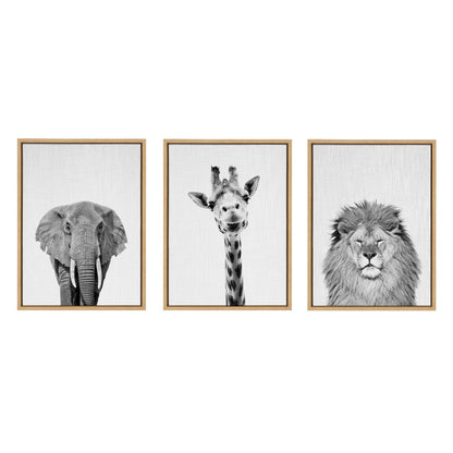 Sylvie Elephant Giraffe and Lion Framed Canvas by Simon Te of Tai Prints