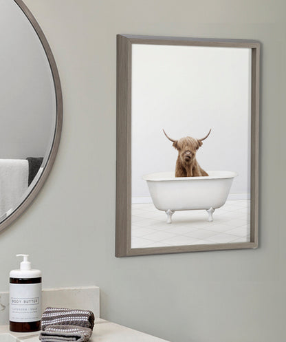 Highland Cow Solo Bathtub Framed Glass Wall Art