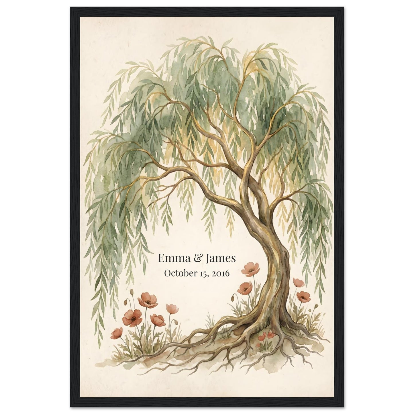Personalized Willow Tree 9th Anniversary Wall Art - 30x45 cm / 12x18″ - Black frame / Ready-to-hang - Sparkycare