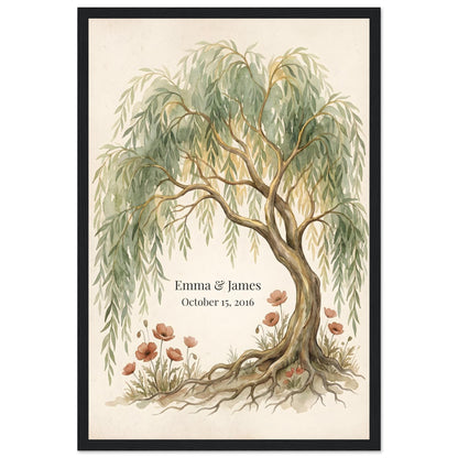Personalized Willow Tree 9th Anniversary Wall Art - 20x25 cm / 8x10″ - White frame / Ready-to-hang - Sparkycare