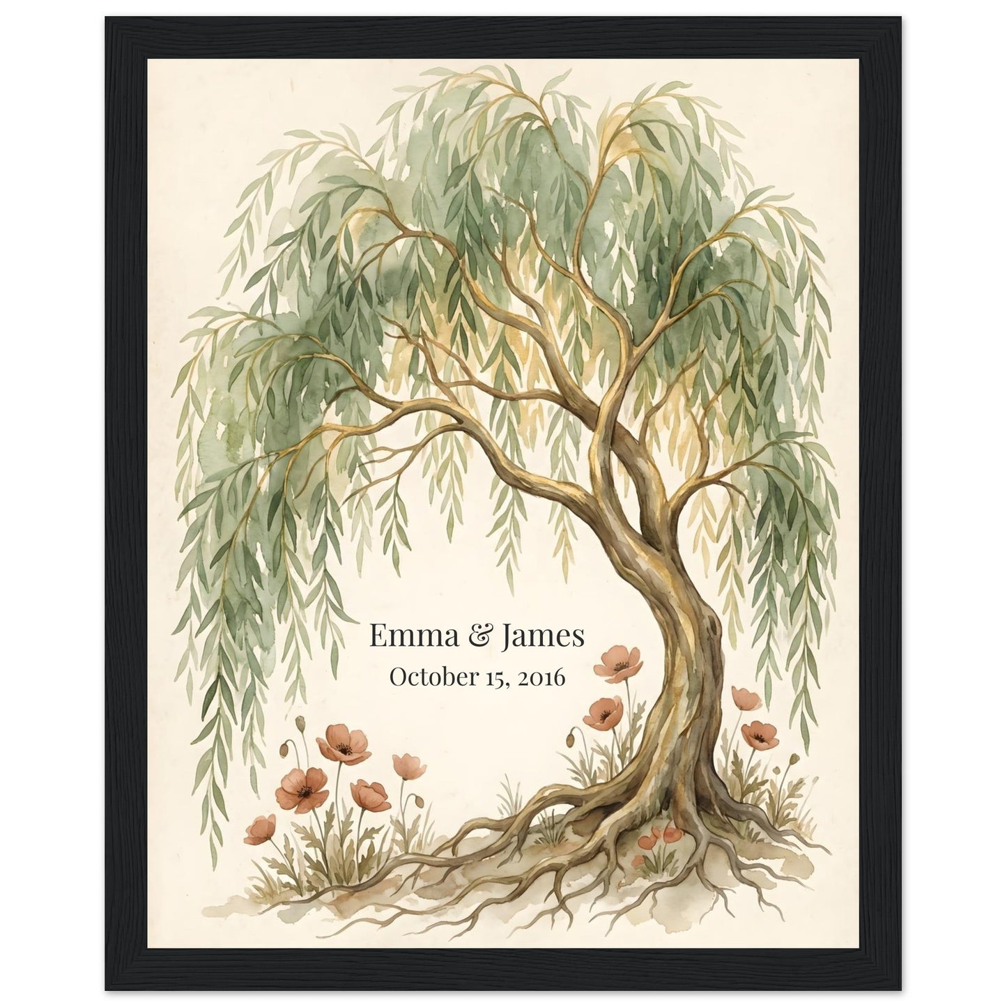 Personalized Willow Tree 9th Anniversary Wall Art - 20x25 cm / 8x10″ - Black frame / Ready-to-hang - Sparkycare