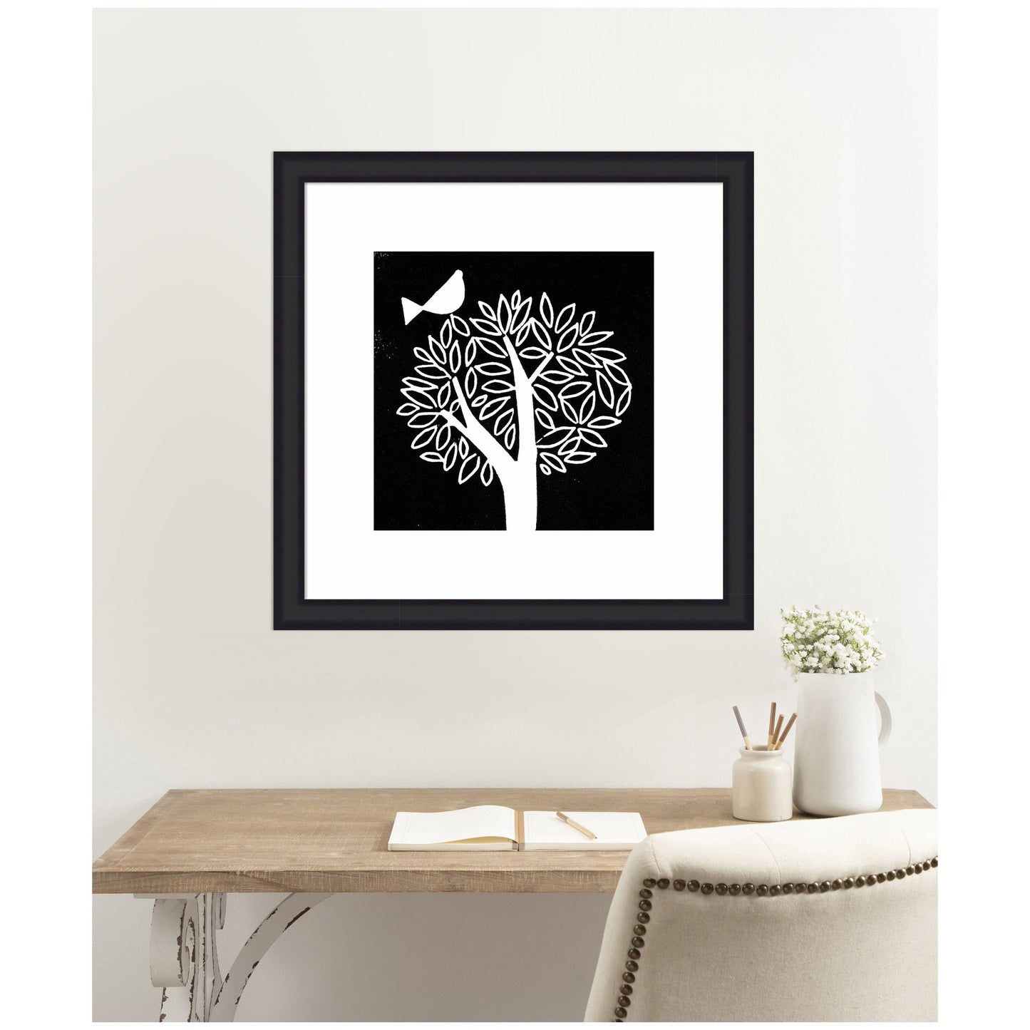Black and White Bird Tree Linocut Framed Wall Art Print