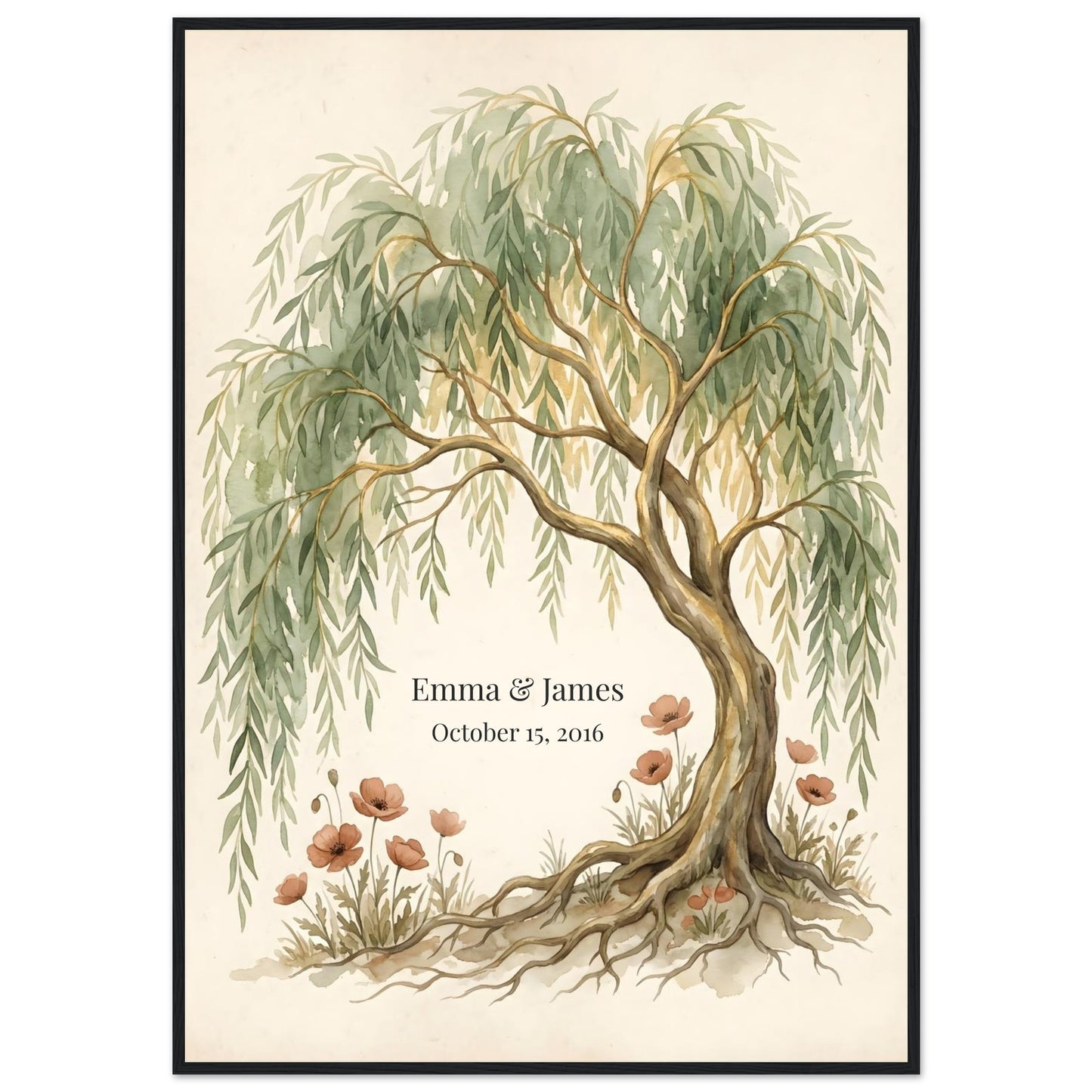 Personalized Willow Tree 9th Anniversary Wall Art - 70x100 cm / 28x40″ - Black frame / Ready-to-hang - Sparkycare
