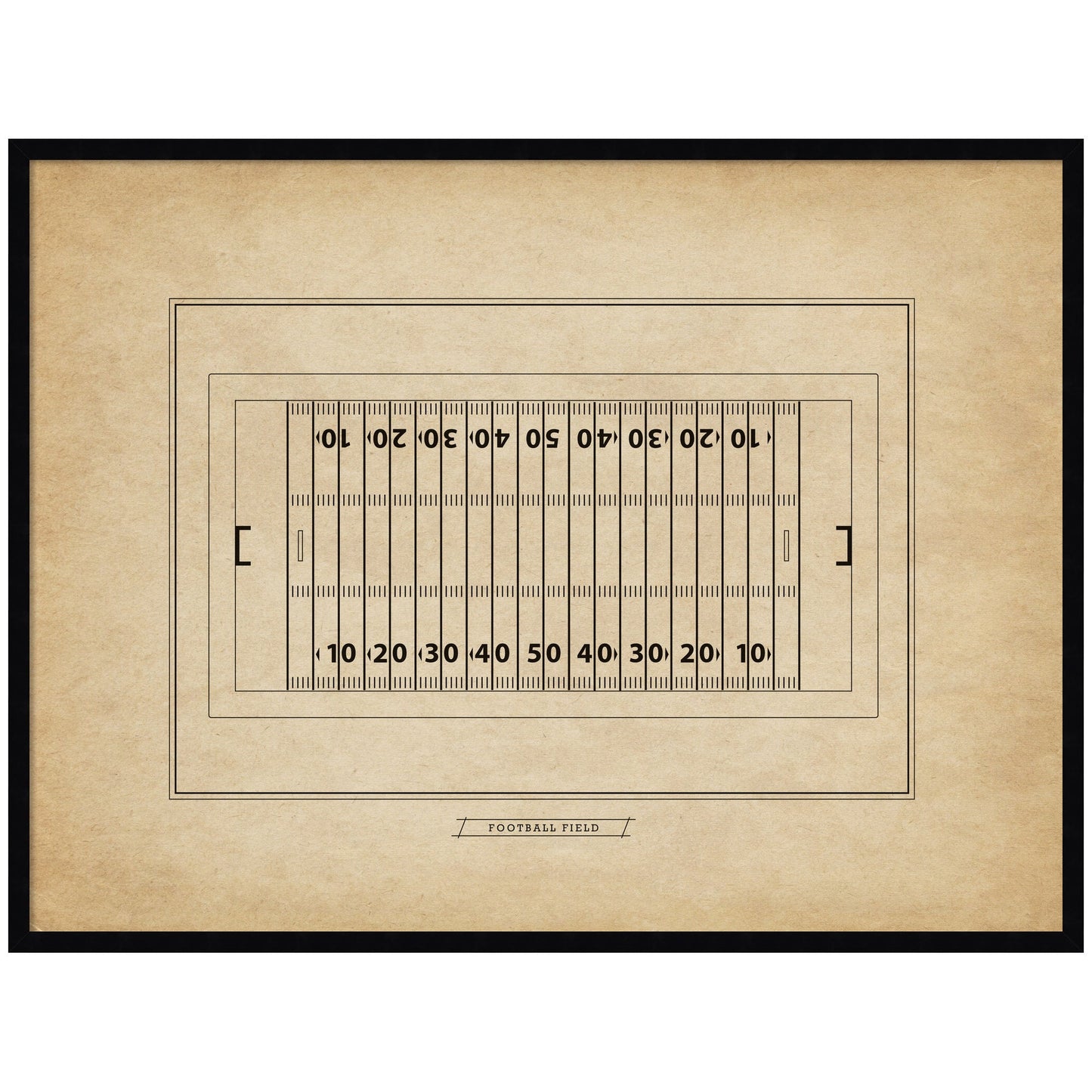 Vintage football field diagram framed wall art in black frame, ready to hang