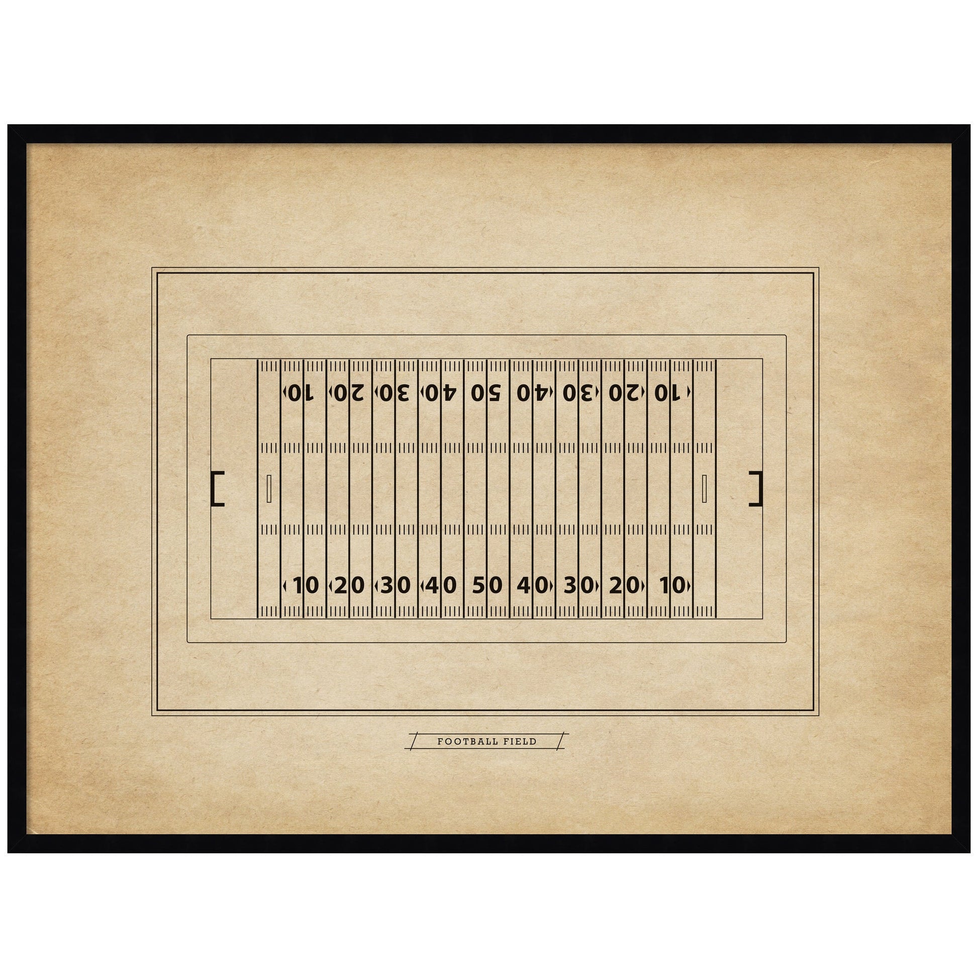 Vintage football field diagram framed wall art in black frame, ready to hang