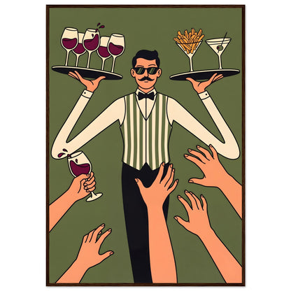 Retro Waiter Bar Art, Framed Server Wall Decor - 70x100 cm / 28x40″ - Dark wood frame / Ready-to-hang - Sparkycare