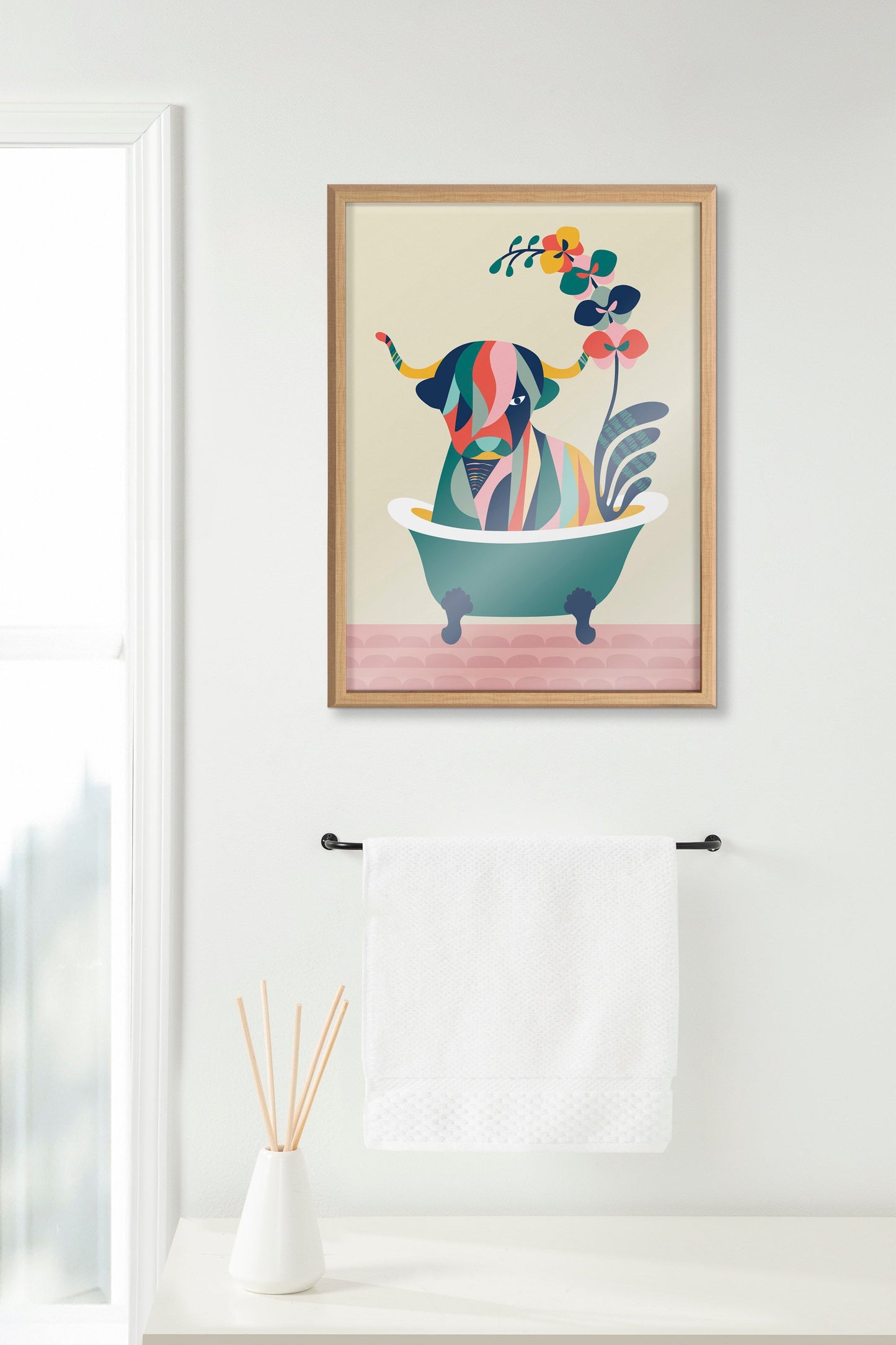 Mid Century Modern Cow in Bathtub Framed Glass Wall Art