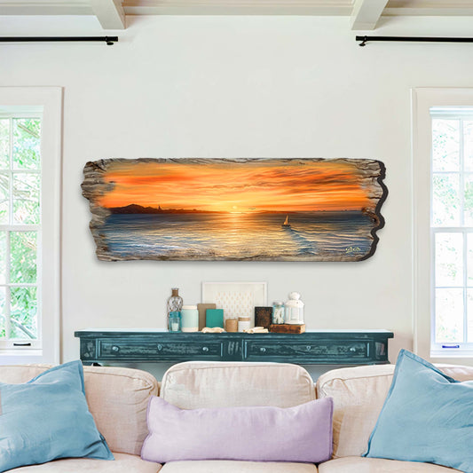 Handcrafted wood ocean sunset coastal seascape wall art