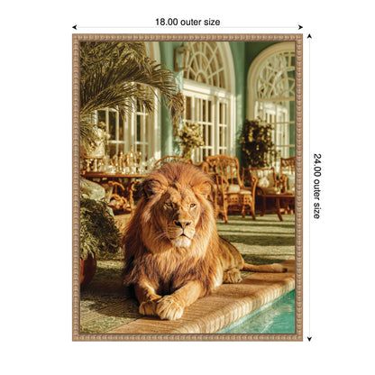 Majestic Lion by the Pool Framed Canvas Wall Art