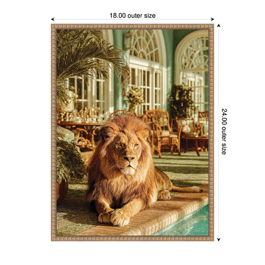Majestic Lion by the Pool Framed Canvas Wall Art
