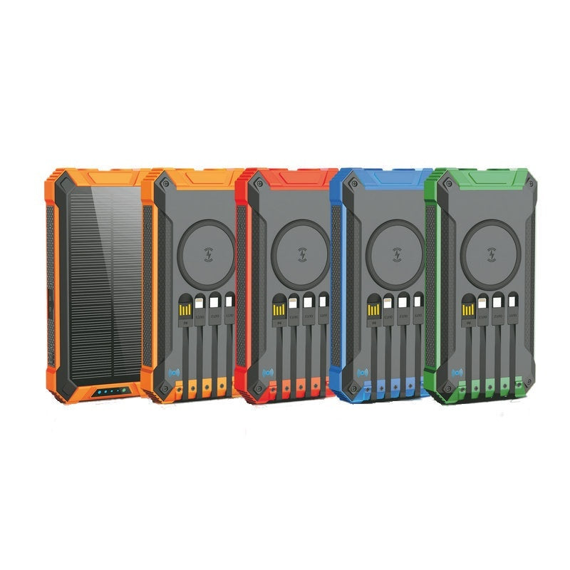 Four solar power banks in orange, red, blue, and green on a white background