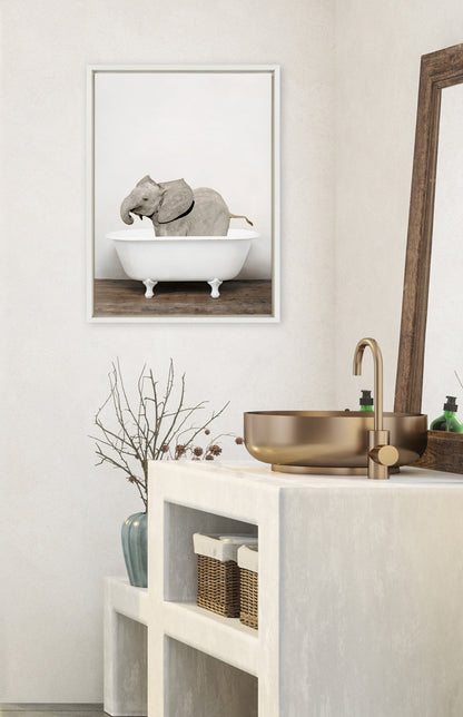 Baby Elephant in the Tub Framed Canvas Wall Art