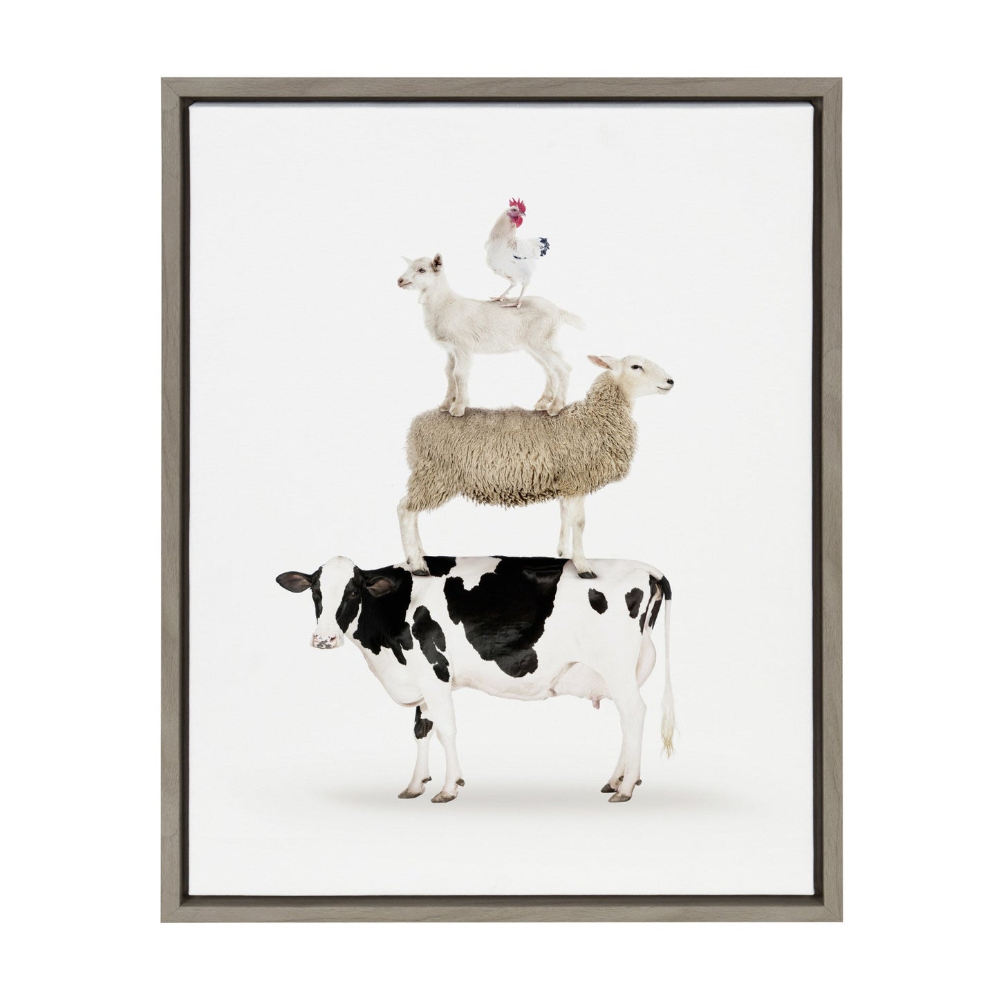 Stacked farm animals framed canvas wall art in a gray frame