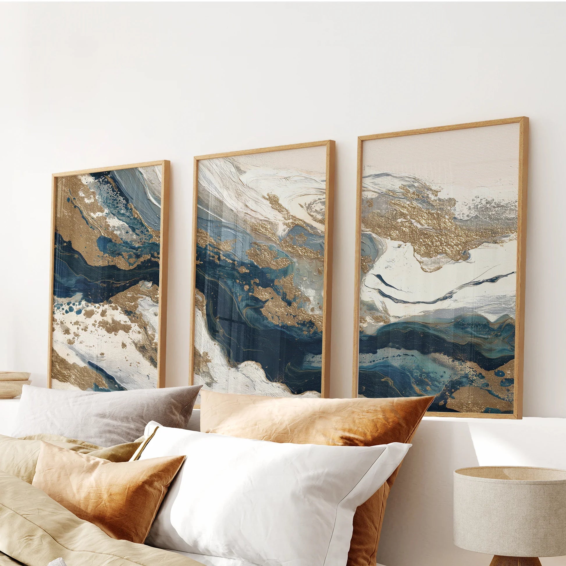 Gold and blue brush stroke abstract wall art set of 3 prints