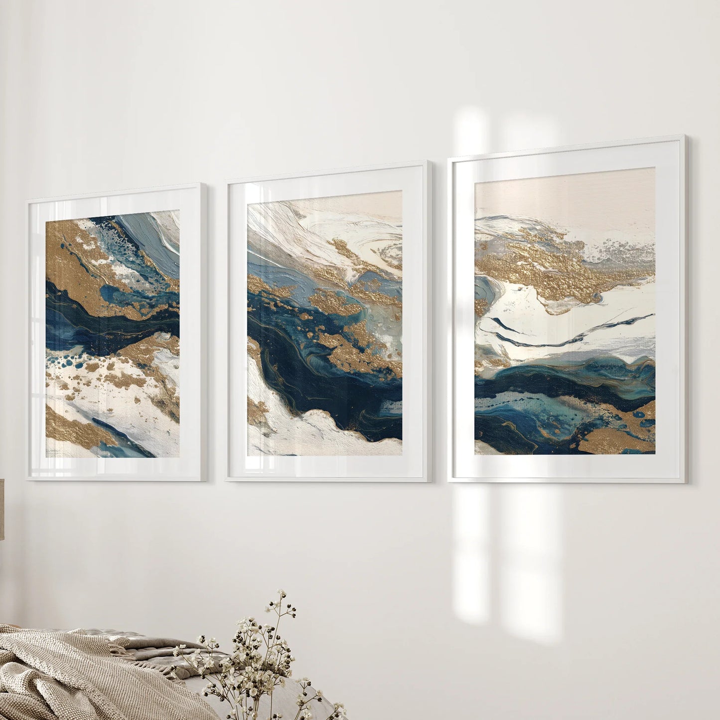 Gold and Blue Brush Stroke Abstract Wall Art Set of 3