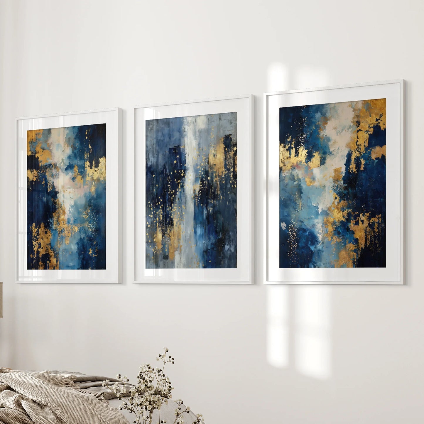 Navy and Gold Abstract Wall Art Set of 3 Contemporary Prints