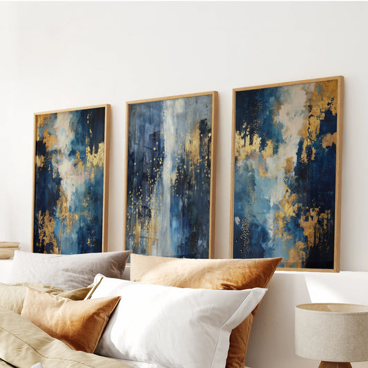 Navy and gold contemporary abstract wall art set of 3 prints