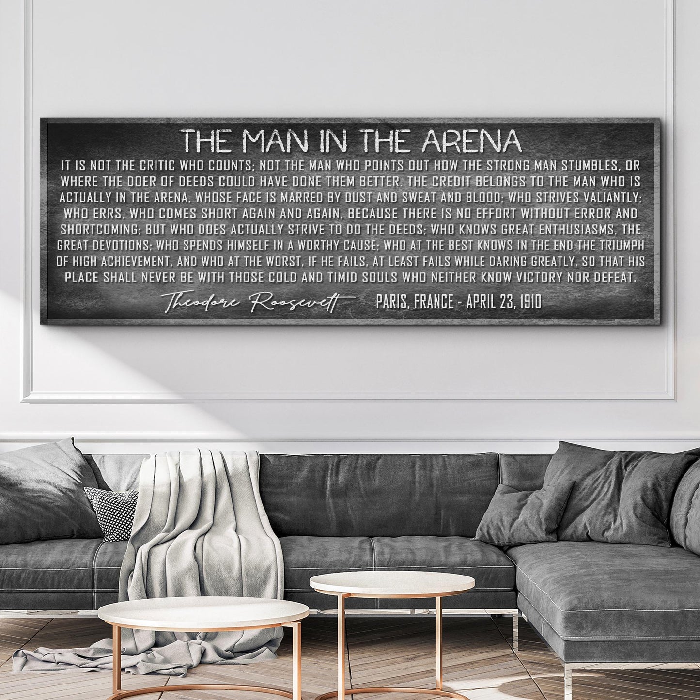 Man in the Arena Roosevelt motivational canvas wall art VII vintage finish tall format, gallery-wrapped
