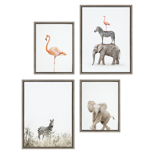Zebra flamingo baby elephant and safari animals framed canvas set of four