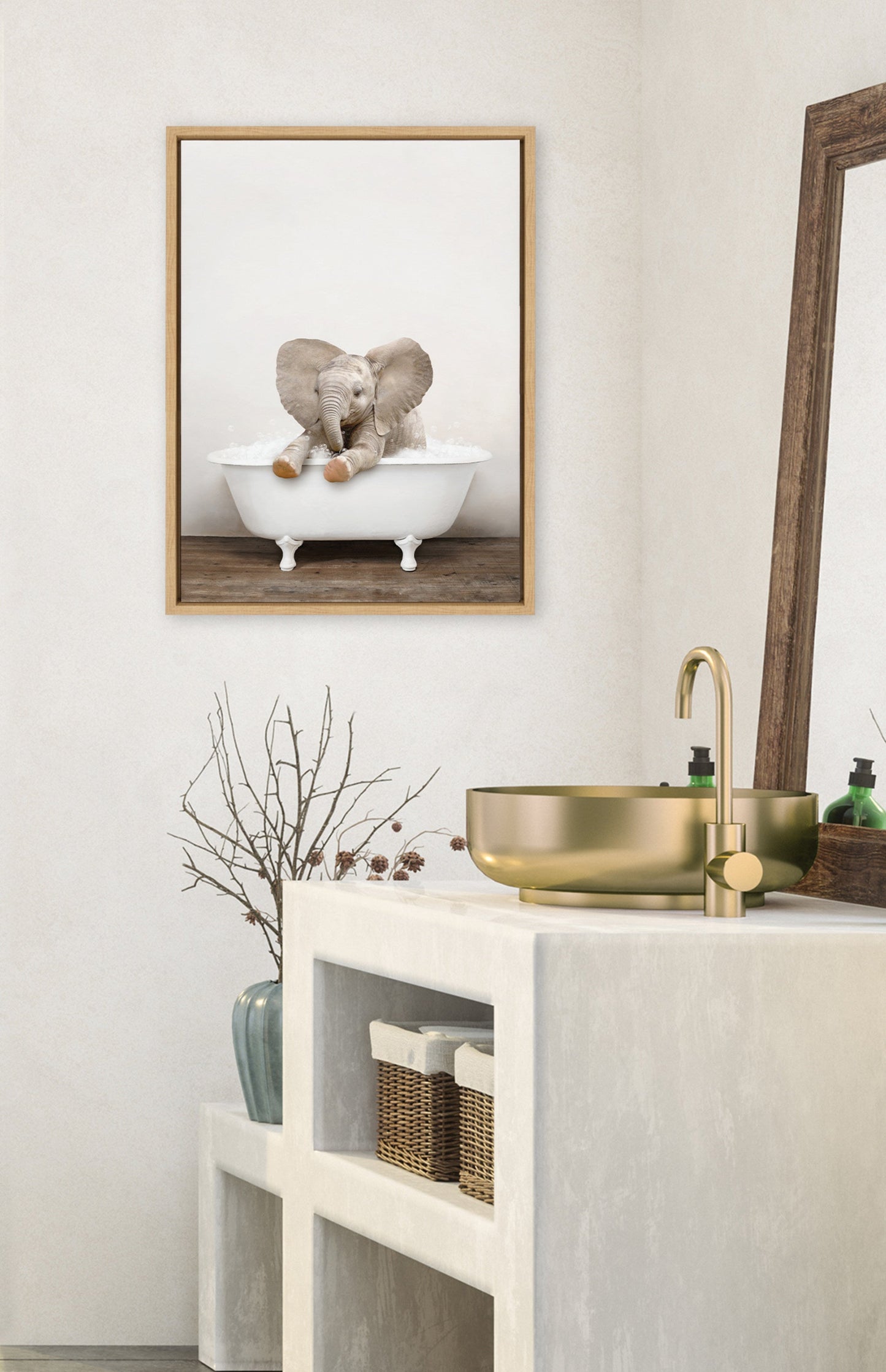 Baby Elephant in Rustic Bath Framed Canvas Wall Art