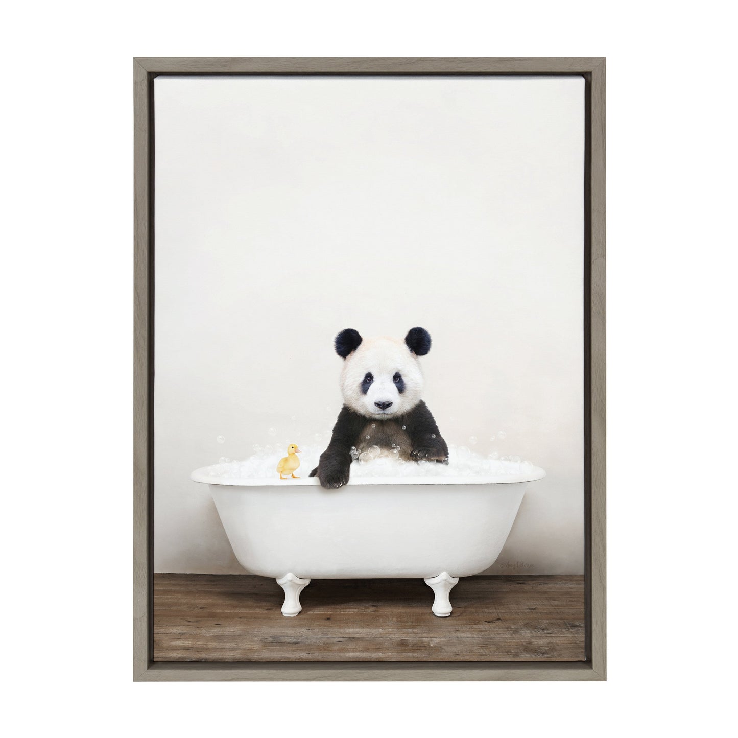Sylvie Panda Waving in Rustic Bath Framed Canvas by Amy Peterson Art Studio