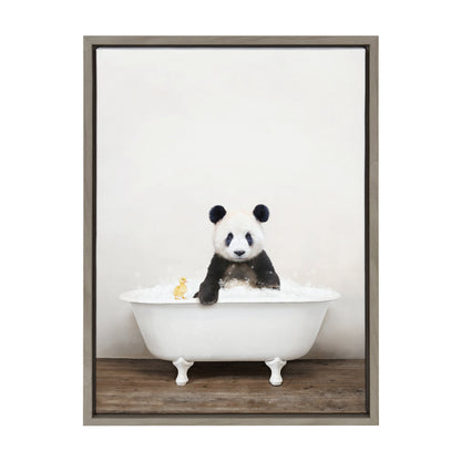 Panda Waving in Rustic Bath Framed Canvas Wall Art