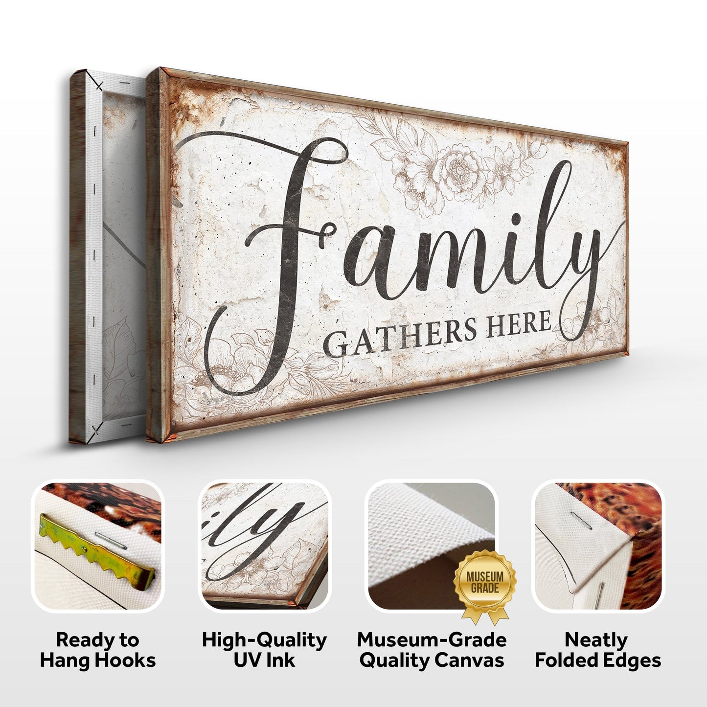 Family Gathers Here Canvas Wall Art Sign