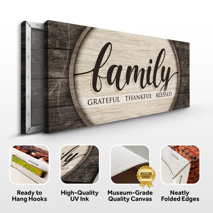 Family script sign canvas front and side, with text: Ready to Hang Hooks, High-Quality UV Ink, Museum-Grade Quality Canvas, Neatly Folded Edges