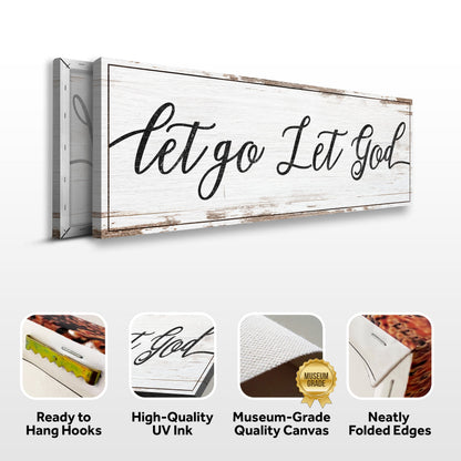 Let Go Let God canvas front and side, with text: Ready to Hang Hooks, High-Quality UV Ink, Museum-Grade Quality Canvas, Neatly Folded Edges
