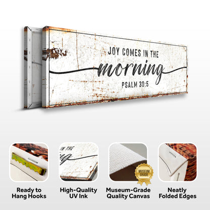 Joy Comes in the Morning canvas front and side, with text: Ready to Hang Hooks, High-Quality UV Ink, Museum-Grade Quality Canvas, Neatly Folded Edges