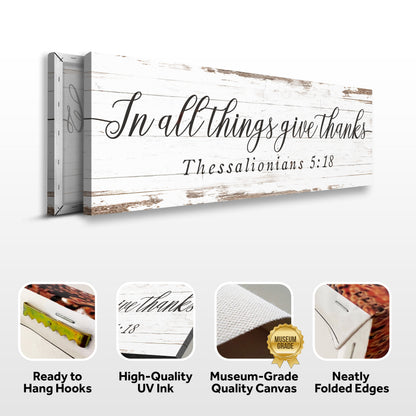 Give Thanks script canvas front and side, with text: Ready to Hang Hooks, High-Quality UV Ink, Museum-Grade Quality Canvas, Neatly Folded Edges