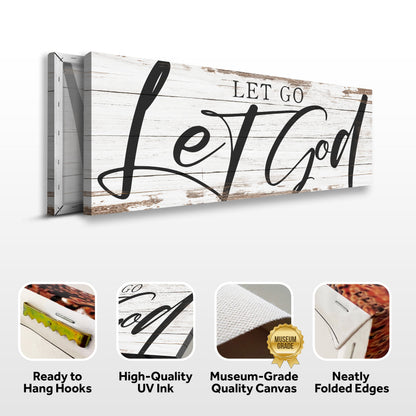 Let God bold brush canvas front and side, with text: Ready to Hang Hooks, High-Quality UV Ink, Museum-Grade Quality Canvas, Neatly Folded Edges
