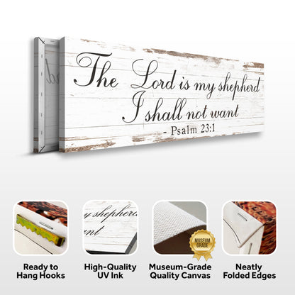 Psalm 23:1 sign canvas front and side, with text: Ready to Hang Hooks, High-Quality UV Ink, Museum-Grade Quality Canvas, Neatly Folded Edges