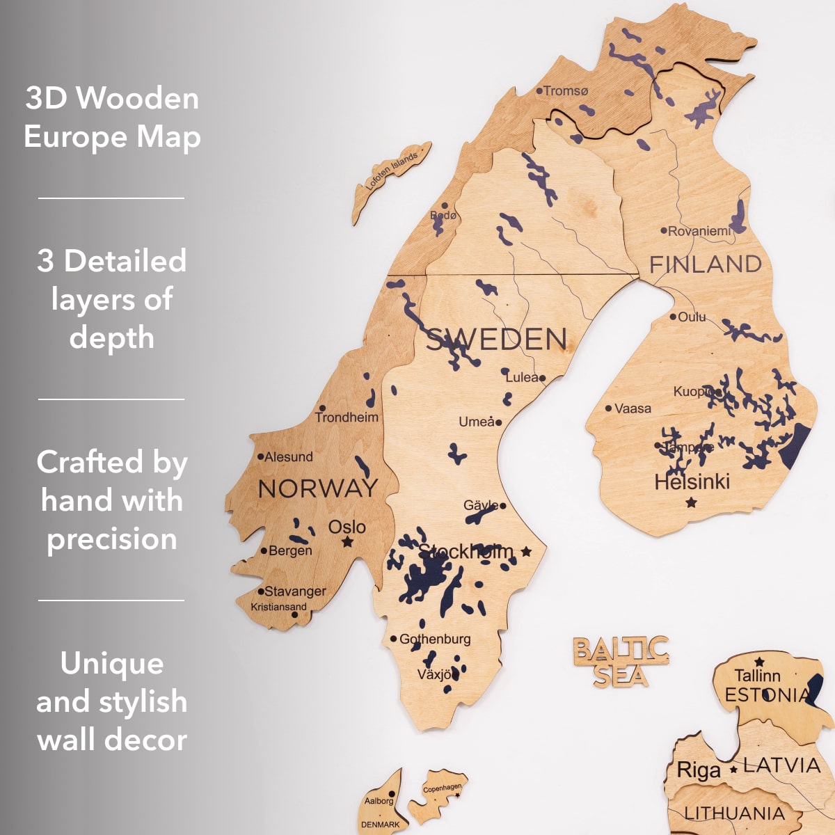 Wooden Europe Map Wall Art - Gold