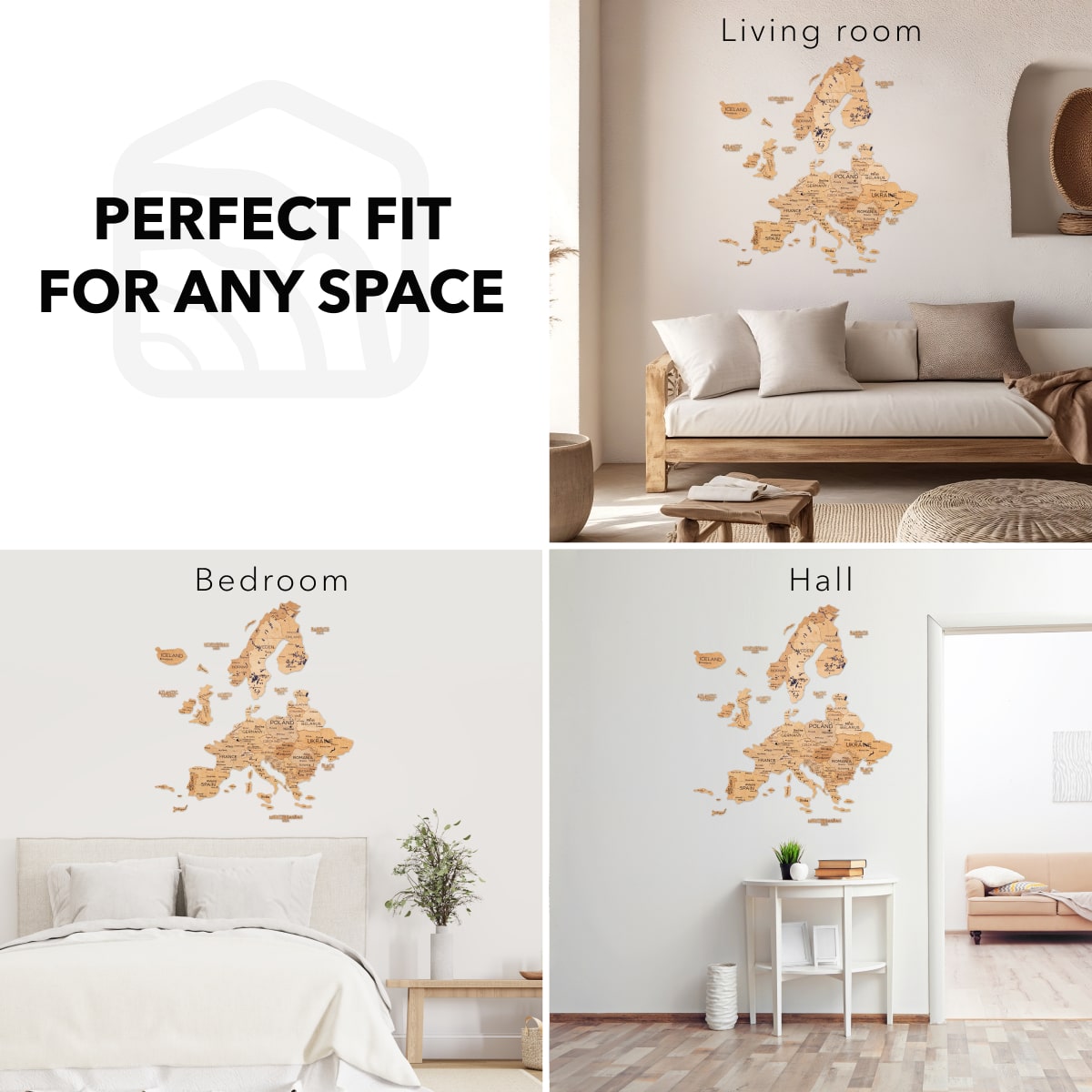 Wooden Europe Map Wall Art - Gold