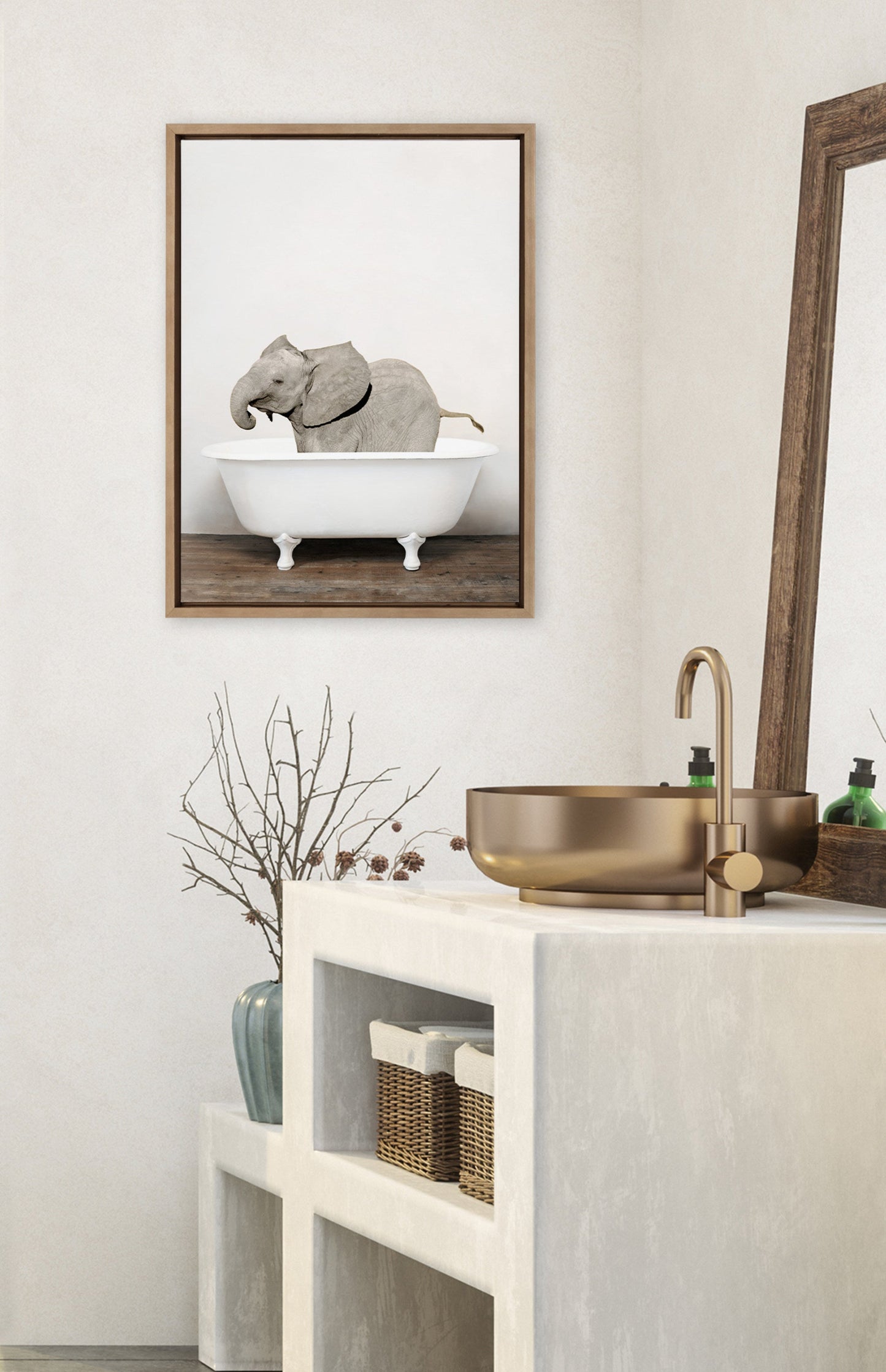 Baby Elephant in the Tub Framed Canvas Wall Art