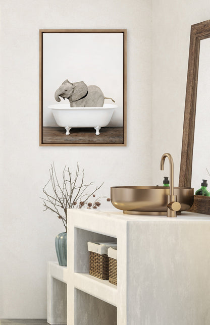 Baby Elephant in the Tub Framed Canvas Wall Art