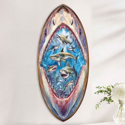 Handcrafted wood shark surfboard coastal sea-life wall art